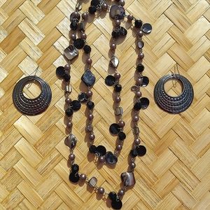 Beaded oxudized silver tone double strand 12" long necklace with earrings